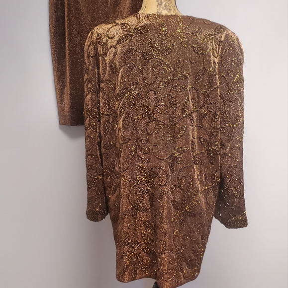 90s Carmen Marc Valvo Bronze Gold Metallic Beaded Vintage  Jacket Skirt Set 16 - Picture 9 of 12